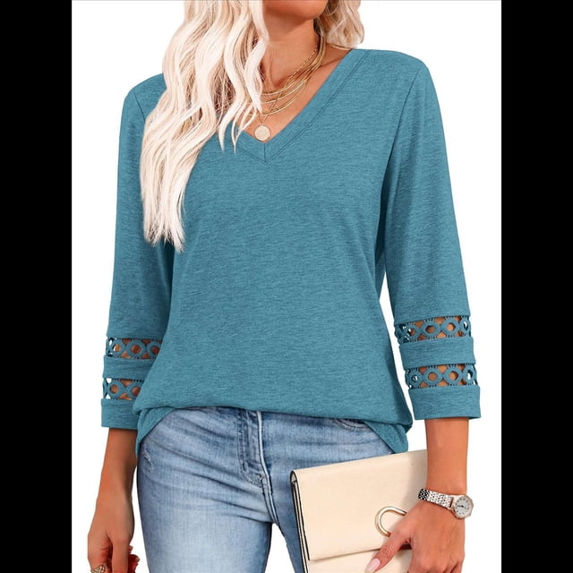 Blusas Elegantes e Informales de 3/4 para Mujer, Camisetas de Cuello en V A , Ropa de Verano 2025. Azul Mar L