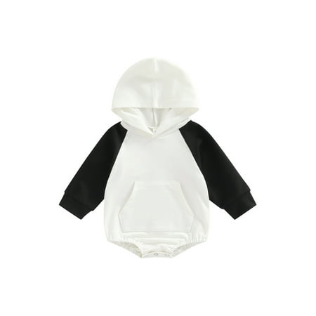

Franhais Newborn Long Sleeve Romper Contrast Color Front Kangaroo Pocket Snap Crotch Hooded Patchwork Jumpsuit