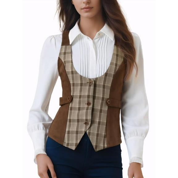 MODA NOVA Women's Vests Plaid Button Down Sleeveless Vest XS Brown