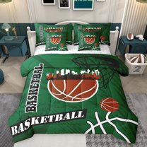 Feelyou Modern Basketball Player Bedding Comforter Set 7pcs for Kid, Cartoon Ball Print Queen Bedding Sets, Stripes Abstract Green Reversible Queen Sheet Sets, Ultra Soft Bedroom Decor