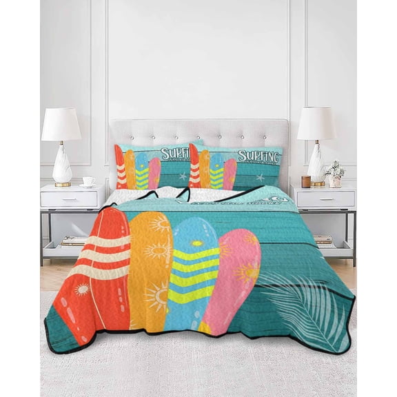 Quilts Queen Size, Surfboard Soft Comforter Bedding Set for Bed, Summer Starfish Palm Leaf Wood Grain Blue Lightweight Quilted Bedspread with Pillow Cover(2 Pieces) for All Season, 90x96 Inch