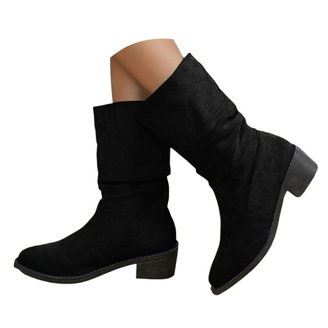 Dakaela Womens Western Slouch Boots Suede Cowboy Wide Mid Calf Booties Round Toe Slip on Walking Shoes