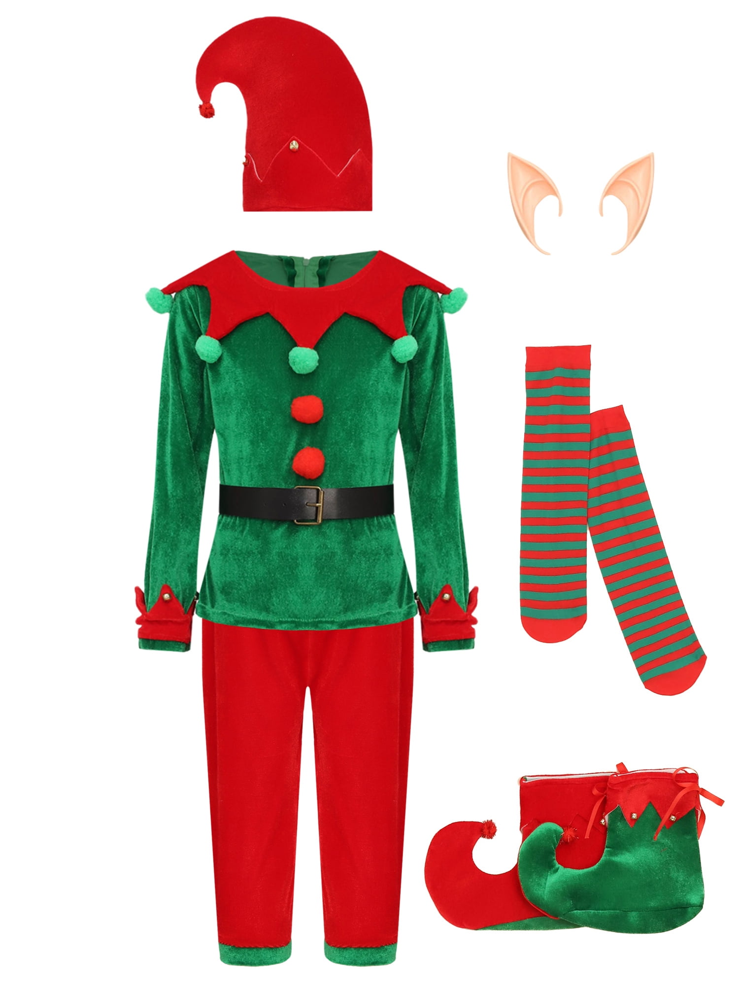 renvena Boys 7-Piece Christmas Elves Outfit Set Christmas Party Role Play Dress Up Set Green 13-14