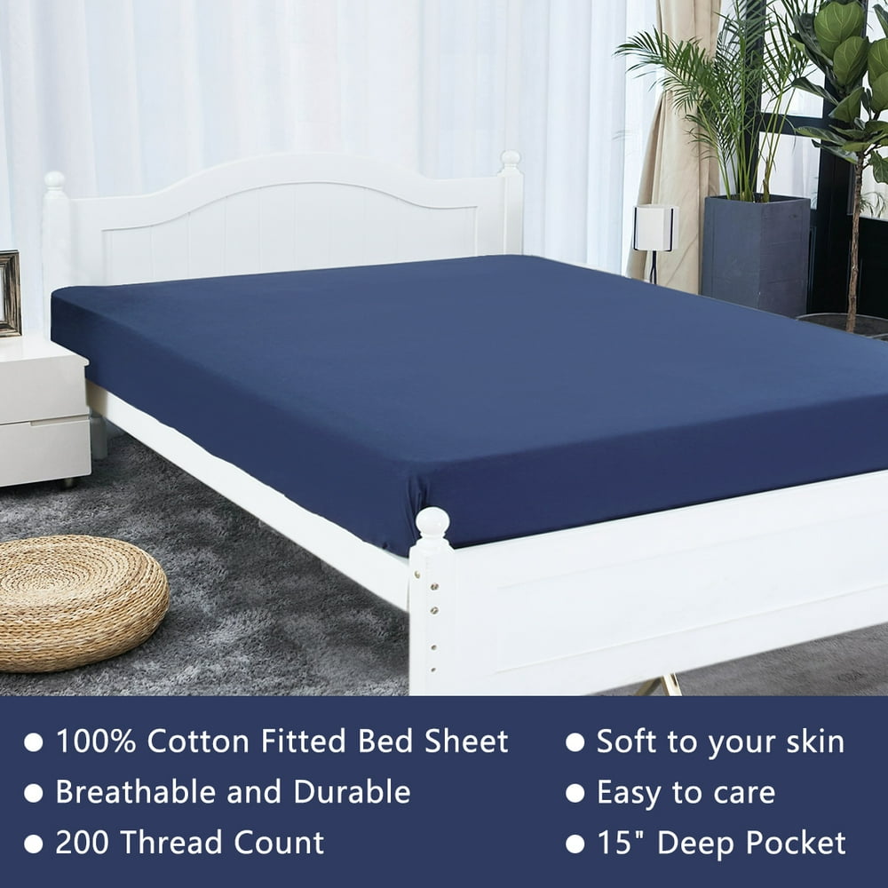 Unique Bargains 15" Deep Pocket Cotton Fitted Sheet Navy Blue Twin