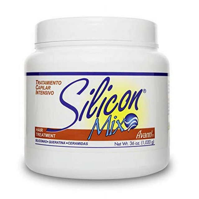 Silicon Mix Silicon Mix Intensive Hair Deep Treatment, 36-ounce container. Designed to restore health, shine, and softness to dry, damaged, and weak hair. The white jar features bold branding with blue and yellow accents, and text highlighting its silicone, keratin, and ceramide formula.