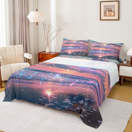 Manfei Magical Beach Rainbow Sunrise Wave Full Size Sheets for Girls Coastal Fantasy Print Bed Sheets 4 Pieces 1 Flat Sheet 1 Fitted Sheet and 2 Pillowcases