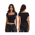 thumbnail image 3 of Michellecmm  Women's Ruched Cropped Tops Solid Short Sleeve Square Neck T-Shirt, 3 of 9