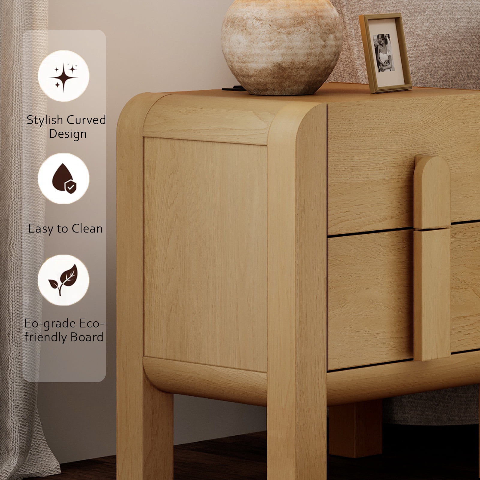 Mid-Century Modern Wood Nightstand with 2 Drawers ,Curved End Table with Built-In Charging Station for Bedroom, Living Room,Entryway