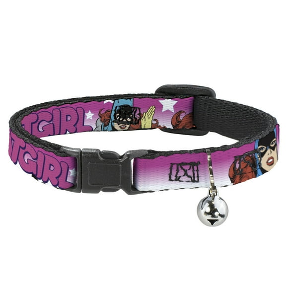 DC Comics Breakaway Cat Collar With Bell, Plastic Clip, Easy Adjustable, Batgirl Bubble Letters Stars Pink White, 8.5 to 12 Inches 0.5 Inch Wide