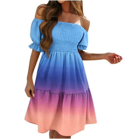 Ichuanyi Dresses for Women 2022, Fall Women's Sexy Summer Printed Short Sleeve One Shoulder Shirred Swing Dress