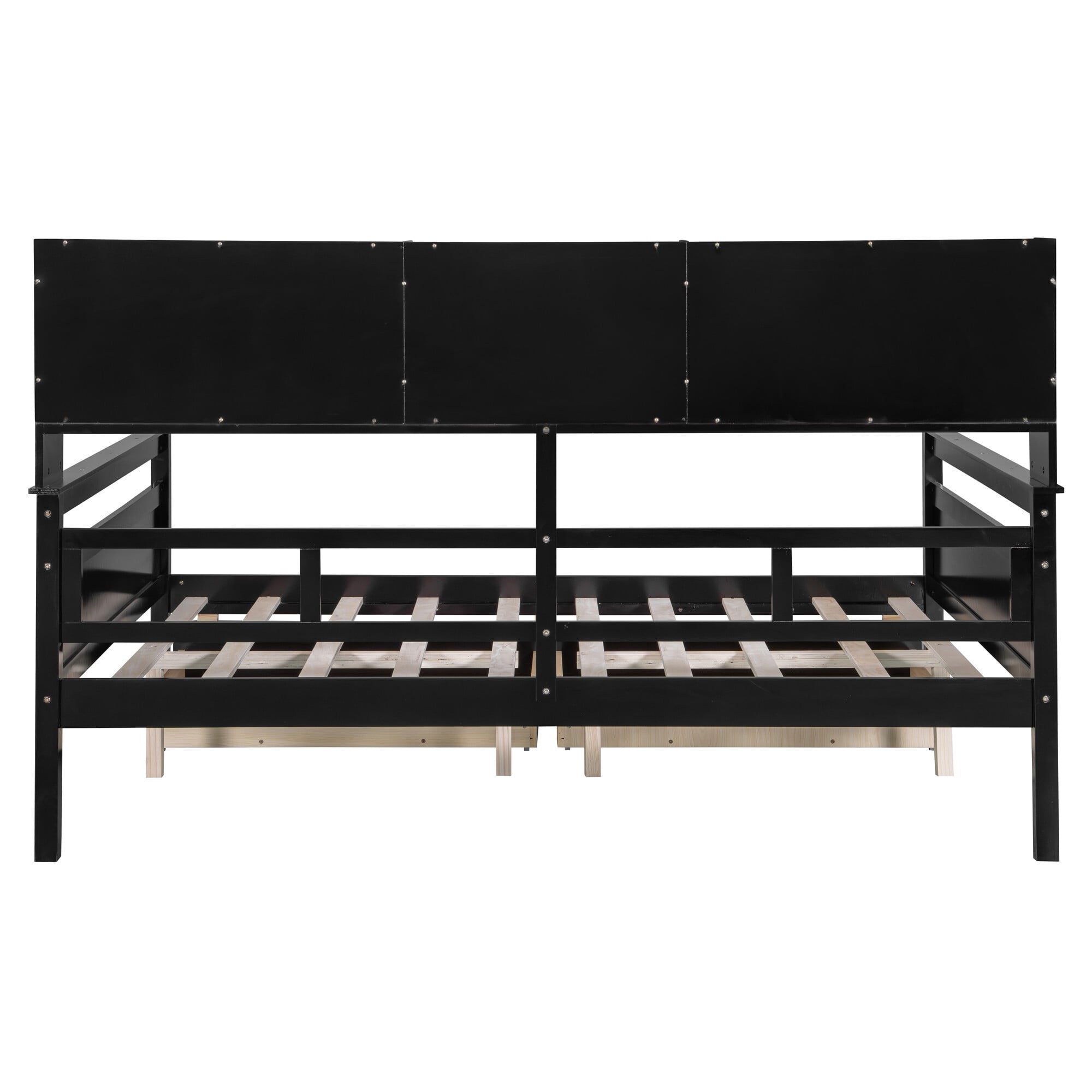 AENKYO Full Size Wooden Daybed Bed Frame with 2 Storage Drawers and Headboard Shelf, Solid Wood Sofa Bed, Black