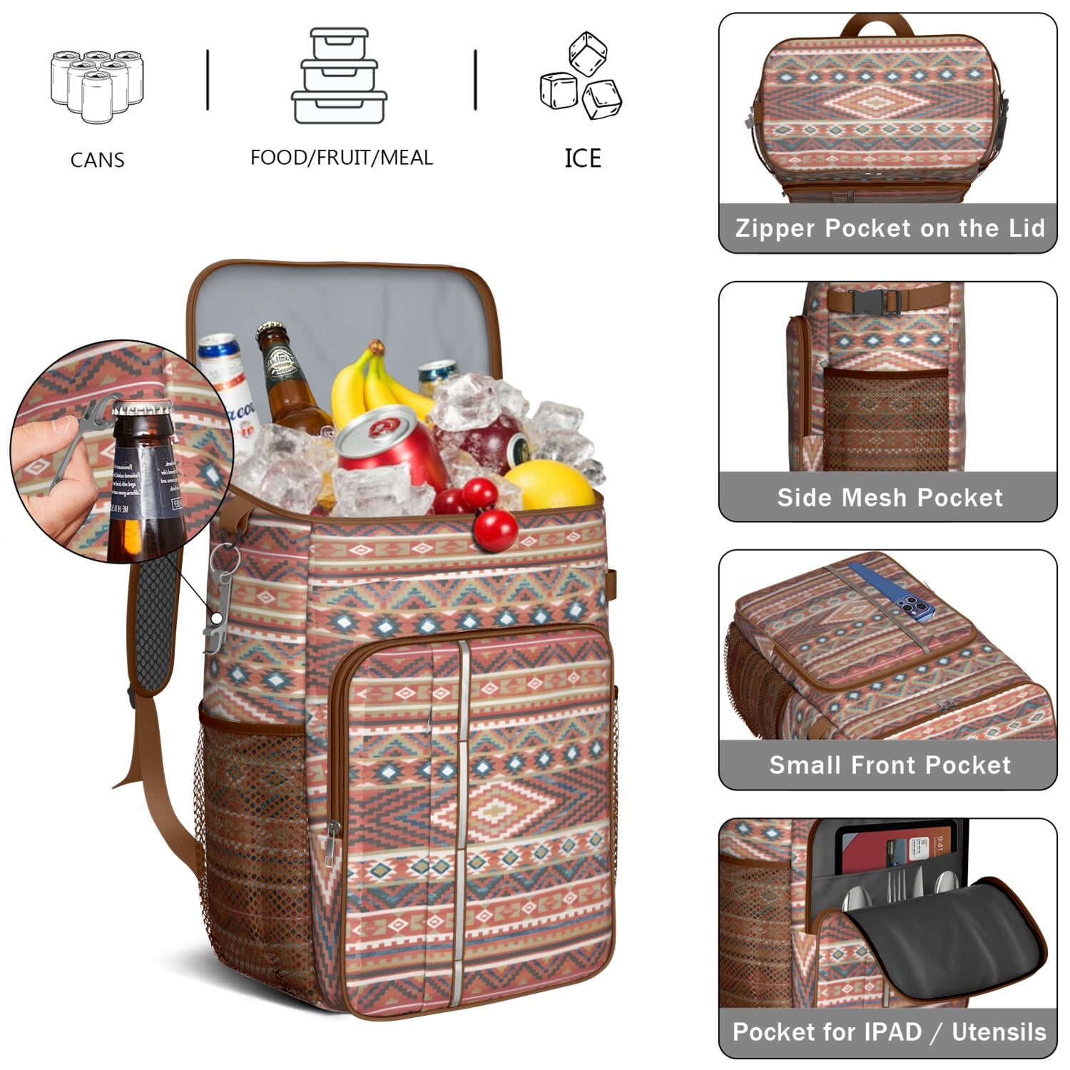 Travel Cooler Bag - Boho Bohemia Pioneer Flower Geometric Line Art Camping Beer Cooler Backpack with Bottle Opener- Waterproof Insulated Picnic Backpacks - Cooler Bag for Beach
