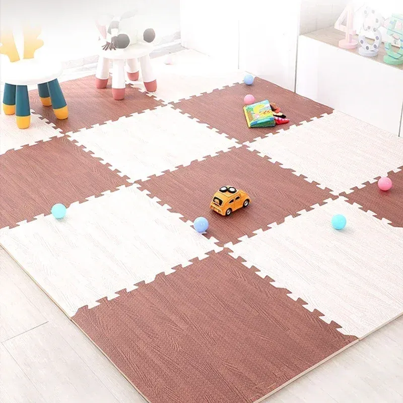 Wood Pattern Flooring Square Puzzle Living Room Rug Waterproof and Non-slip Stitching Mat Baby Sports Play Mat Decorative Carpet