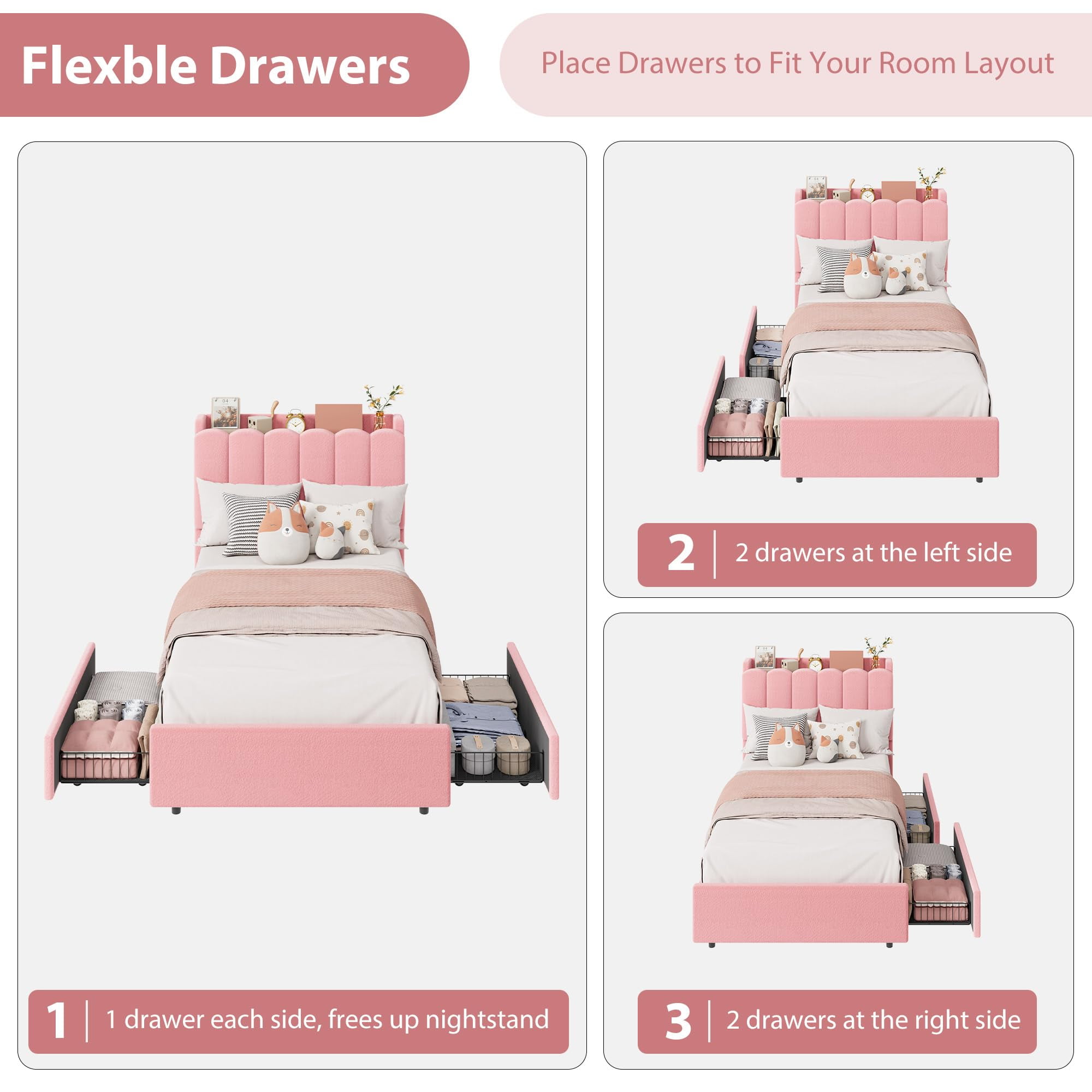 LED Twin-XL Size Bed Frame with Storage Headboard with 2 Drawers Chic Wavy Headboard with Bookcase, Mattress Foundation with Wooden Slats Support, No Box Spring Needed