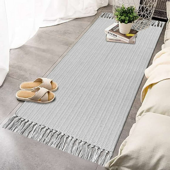 iOhouze Boho Bathroom Rug Runner with Tassel, 2'x4.3', 100% Woven Farmhouse White Grey Runner Rug Fully Reversible, Cotton Machine Washable Runner Rugs for Kitchen Hallway Living Room Bedroom Laundry