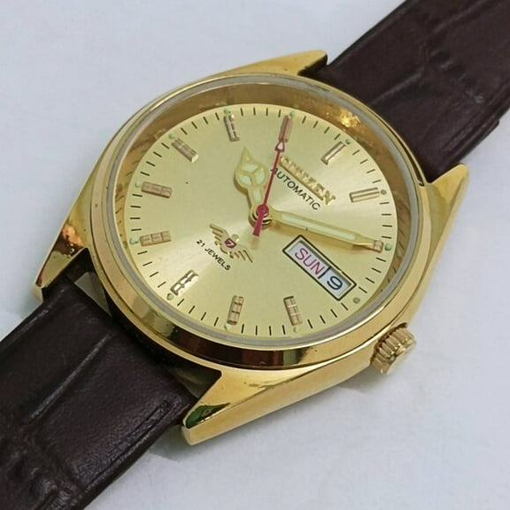 Vintage Citizen Automatic 21 Jewels Golden Dial Day/Date Dark Brown Leather Strap Japan Made Wrist Watch