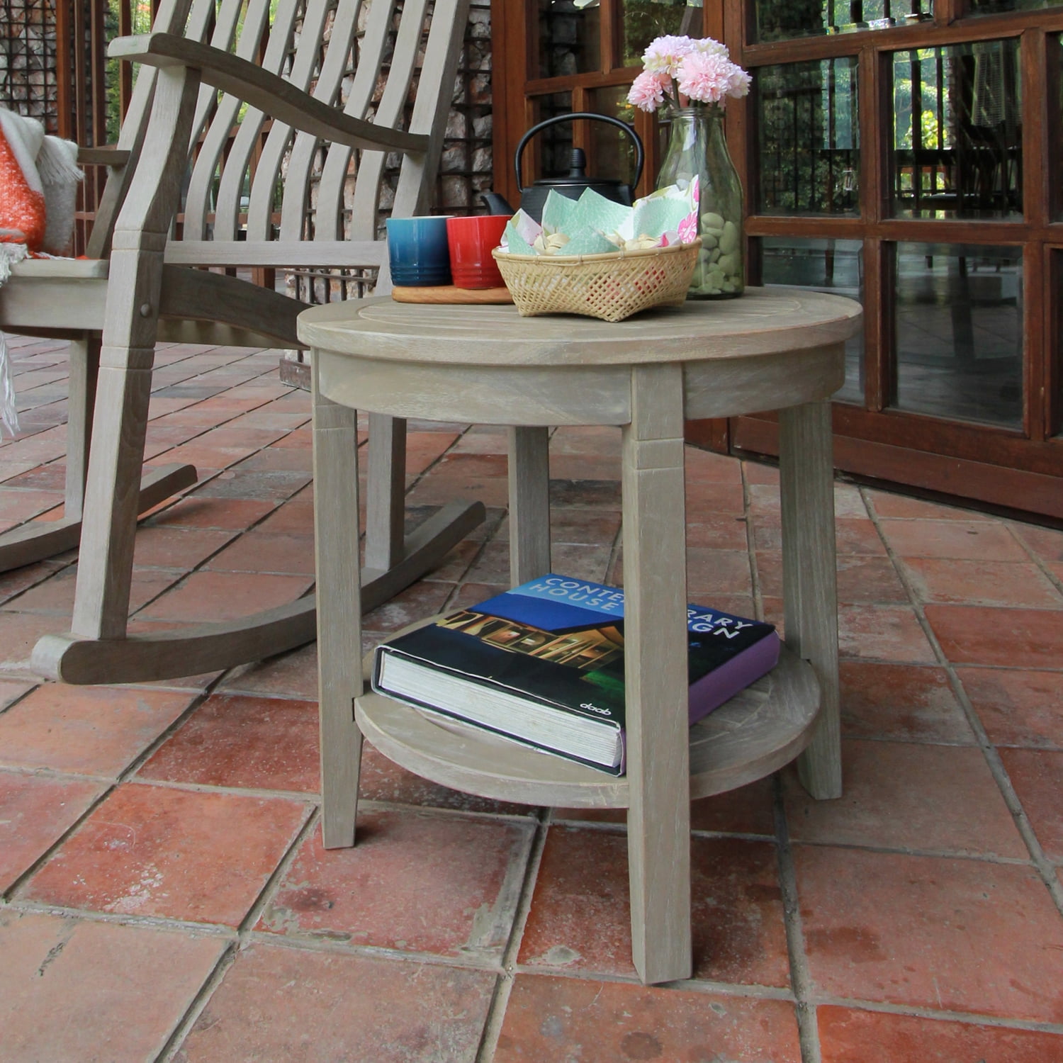 Willem Solid Teak Patio Round Side Table, Weathered Gray