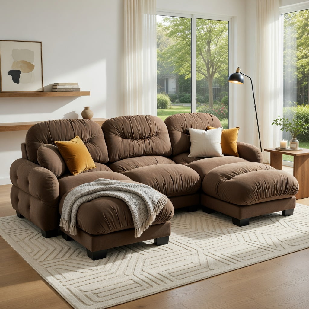 Hommoo Chenille U-Shape Modular Sectional Sofa with Pleated Back, Ergonomic High-Density Foam Cushions, 3-Seater + 2 Ottomans + 2 Round Throw Pillows, Brown