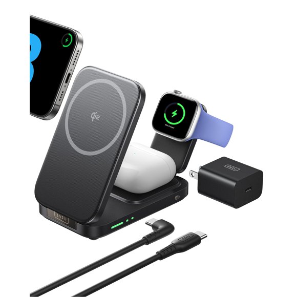 INIU 3 in 1 Wireless Charging Station, Qi2 Certified 15W Travel Charger for Apple Multiple Devices, Foldable Charger Stand for iPhone 17 16 15 14 13 1
