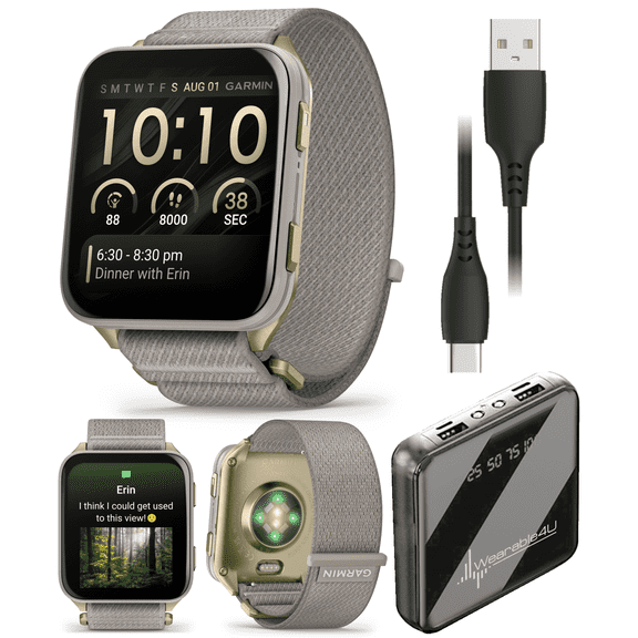 Garmin Venu X1 Thin and Lightweight GPS Smartwatch, AMOLED Display, Soft Gold with Titanium Caseback & French Gray Nylon Band with Wearable4U Power Bank Bundle