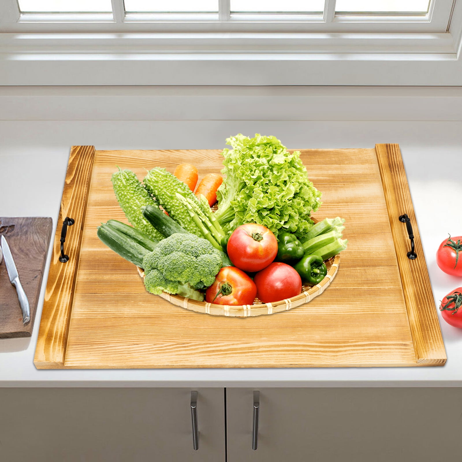 30*22 in Wood Stove-top Cover with Handles Wood Tray For Home Restaurants Bars Coffee Houses