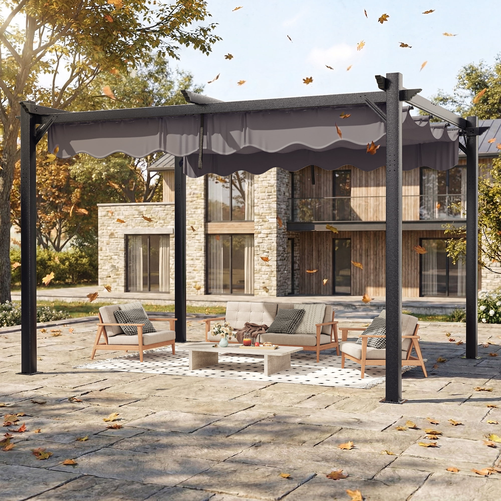 NETAJE 10'x12' Retractable Canopy Pergola, Heavy-Duty Outdoor Metal Gazebo Shelter with Adjustable Sun Shade, Patio Grape Trellis for Backyard, Deck, Garden