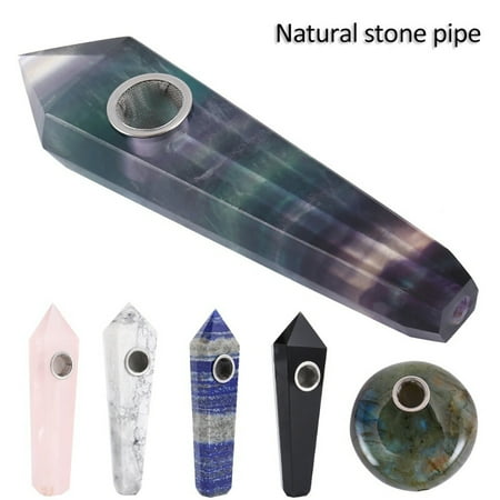 Bho Pipe 6/Six Style Pipe Natural Quartz Crystal Healing Fluorite Wand Stone Point w/ Carb Hole Smoking Pipe ()