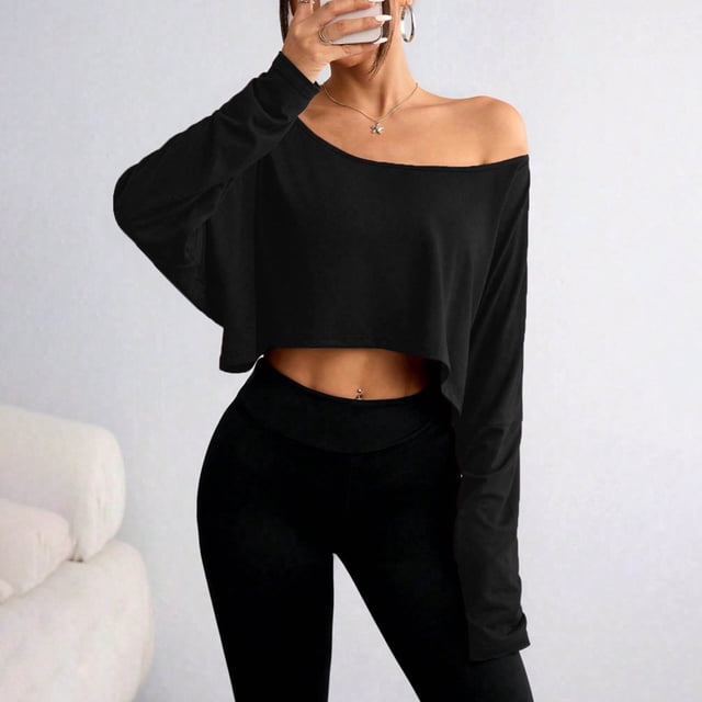 Soki Loose Off The Shoulder Crop Tops for Women Long Sleeve Oversized Crop Tops Spring Summer Casual T Shirt