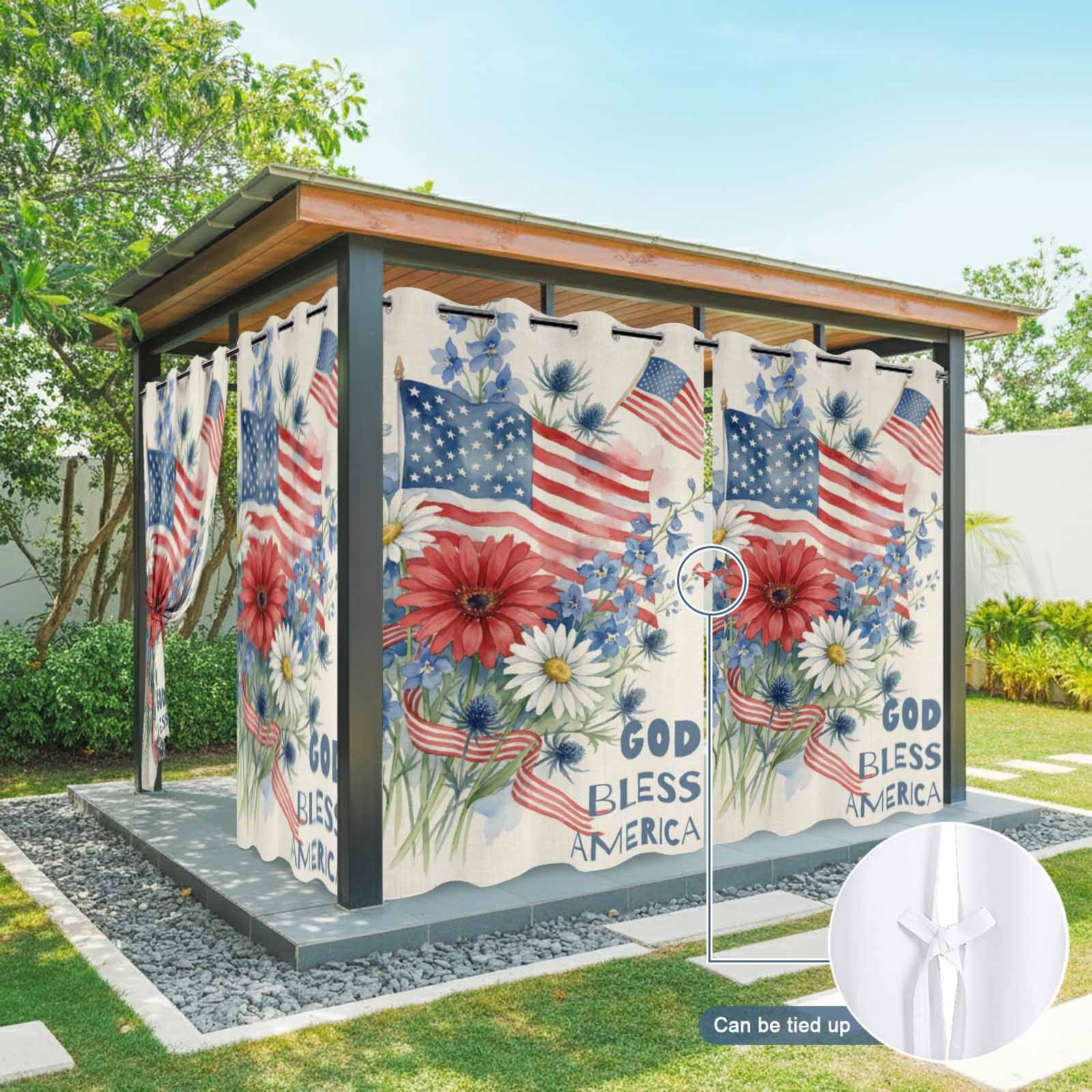 Independence Day Outdoor Curtains for Patio, Vintage American Flag Watercolor Red White Daisy God Bless Sunshade Privacy Drapes Grommet Waterproof Outside Curtains for Porch Balcony 54"x108", 1 Panel