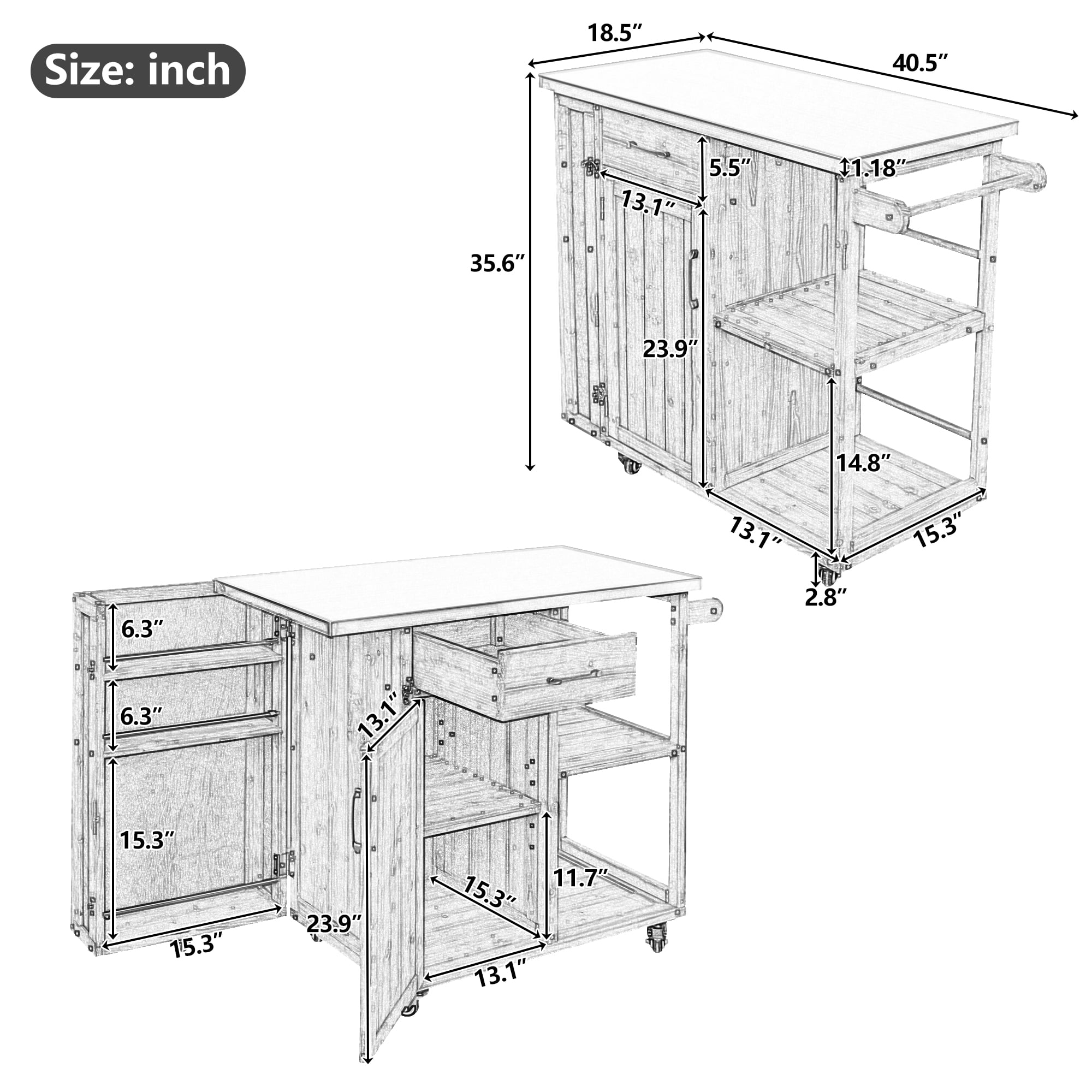 Outdoor Kitchen Island with Stainless Steel Top, Fir Wood Prep Station, Lockable Kitchen Cart with Storage Cabinet for Patio, BBQ, Grey