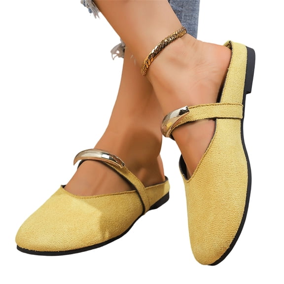UDAUDU Womens Flats Mules Elegant Dressy Closed Toe Slip On Leather Shoes Adjustable Buckle Strap Mary Jane Casual Office Shoes Yellow US 8.5