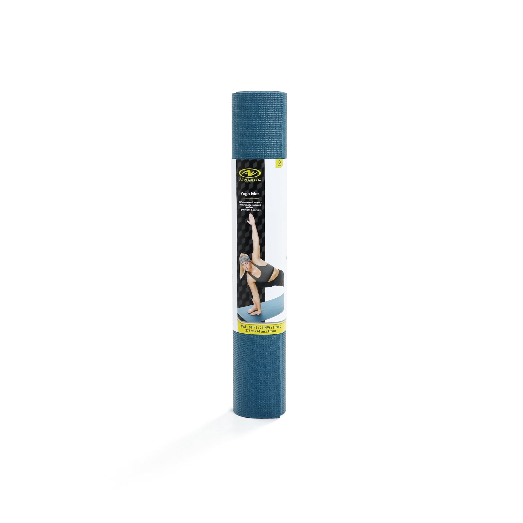 Athletic Works PVC Yoga Mat, 3mm, Real Teal, 68inx24in, Non Slip, Cushioning for Support and Stability