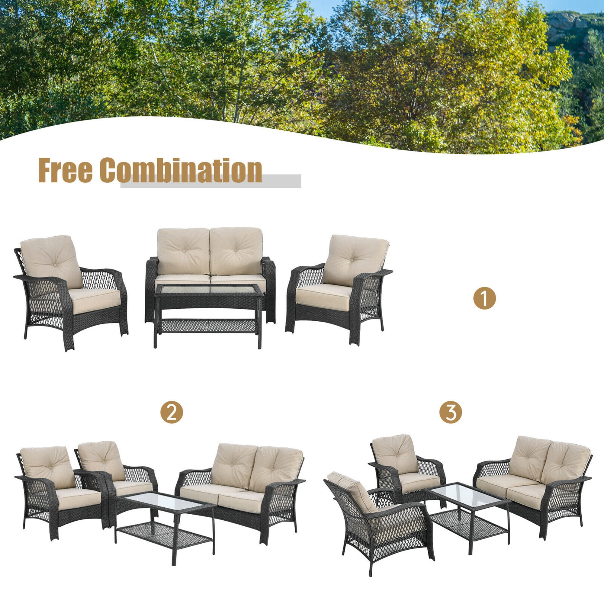 Gymax 4PCS Cushioned Patio Conversation Set Outdoor Rattan Furniture Set
