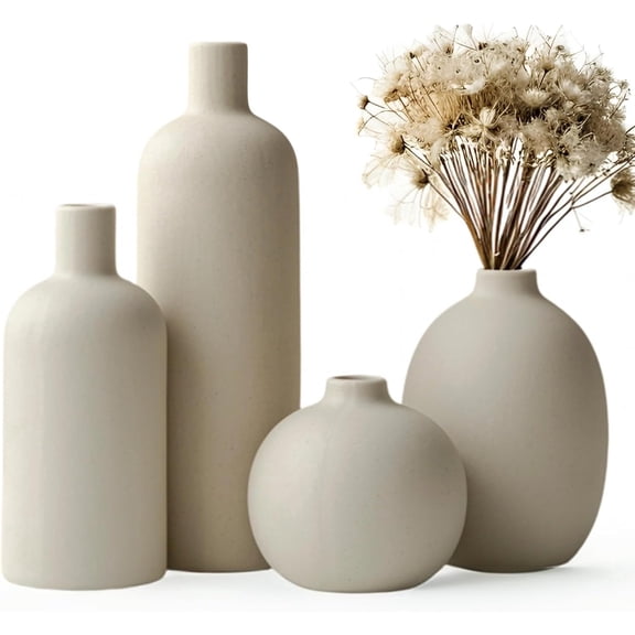Modern Ceramic Vase Set, Neutral Colors, Decorative Vases for Home Decor, 4 Piece Collection (Beige)