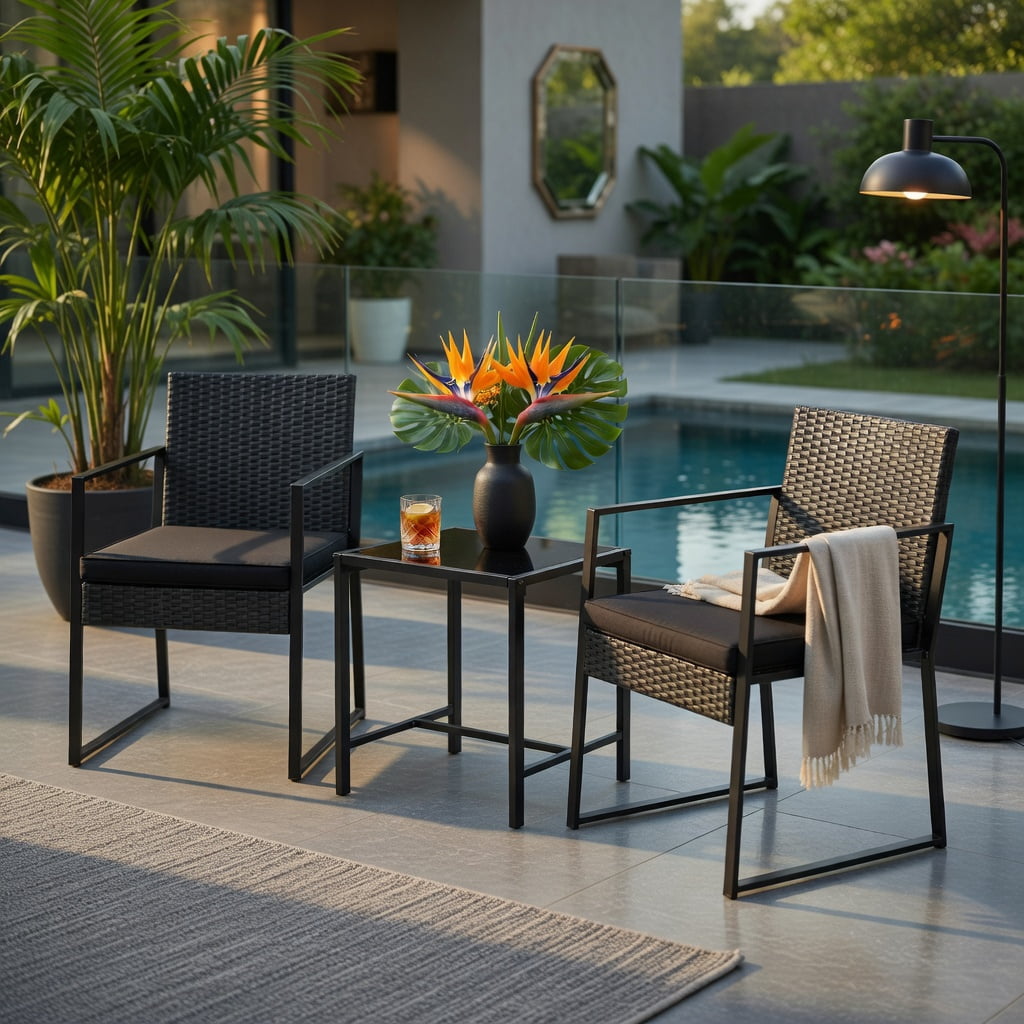 Hommoo 3-Piece Modern PE Rattan Patio Furniture Set with Tempered Glass Coffee Table, Heavy-Duty Outdoor Seating for Balcony, Porch & Small Spaces, Black