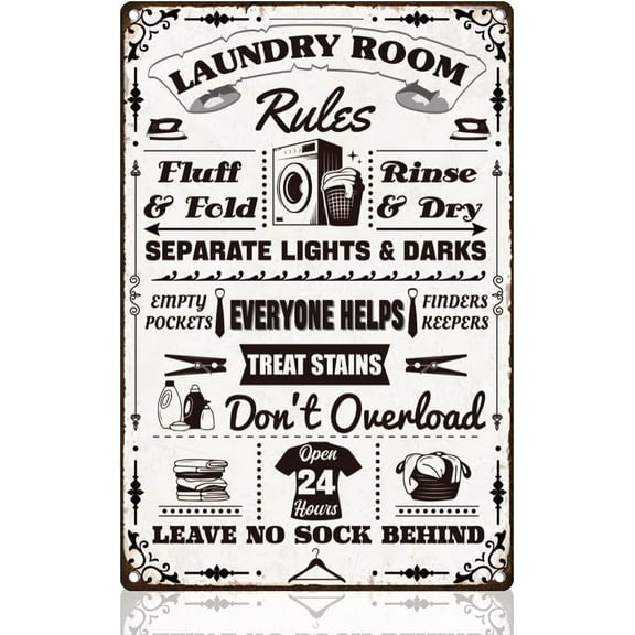 Laundry Room Rules Tin Sign Retro Metal Wall Decor 8" x 12" Funny Vintage Laundry Wall Art Poster for Home Bathroom Laundromat Dry Cleaning Store Man Cave Clubs Decor Gift