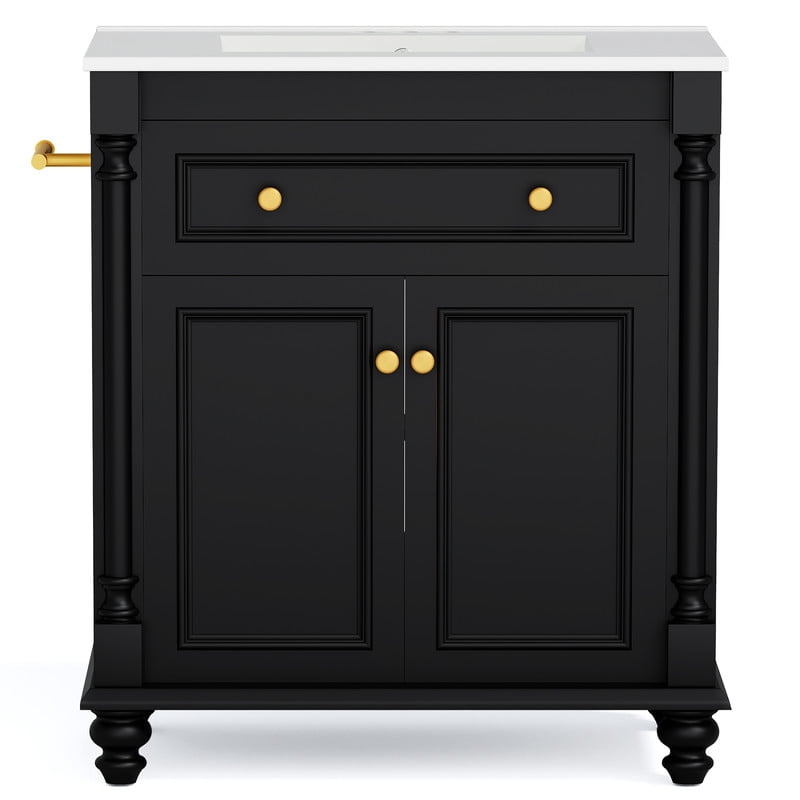 Lacoo 30'' Freestanding Bathroom Vanity with Integrated Ceramic Sink, Traditional Bathroom Storage Cabinet with Flip Drawer, Double Doors & Side Towel Bar, Black
