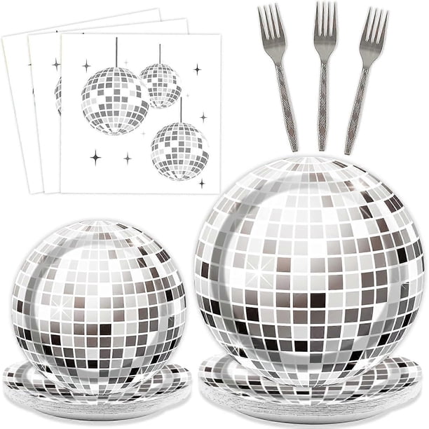 96 Pieces 70's Disco Party Tableware Set 70s Disco Birthday Party Supplies Silver Disco Ball Party Paper Plates Napkins Forks for 24 Guests
