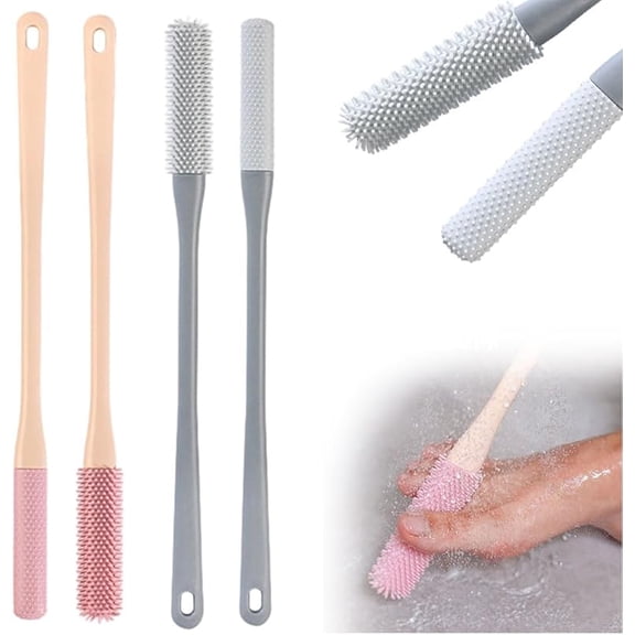 Long Handled Silicone Toe Crevice Cleaning Brush & Exfoliating Brush, 2025 New Soft Rubber Toe Cleaning Tool, Foot Scrubber Shower Feet Care for Seniors, Elderly, Men and Women (Pink)