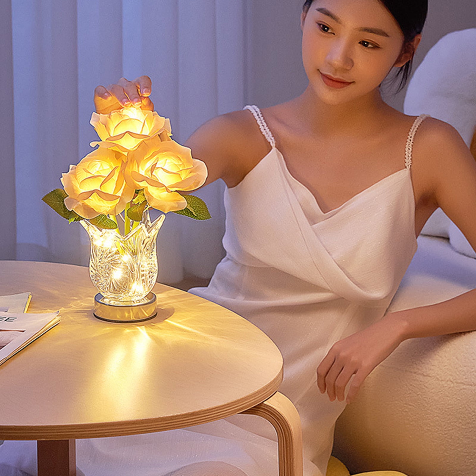 Xecvkr Rose Table Lamp Battery Operated Flower Crystal Vase LED