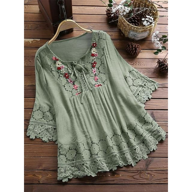 Summer Cotton And Linen Stitching Lace Elegant European And American V-neck Loose Women's Top