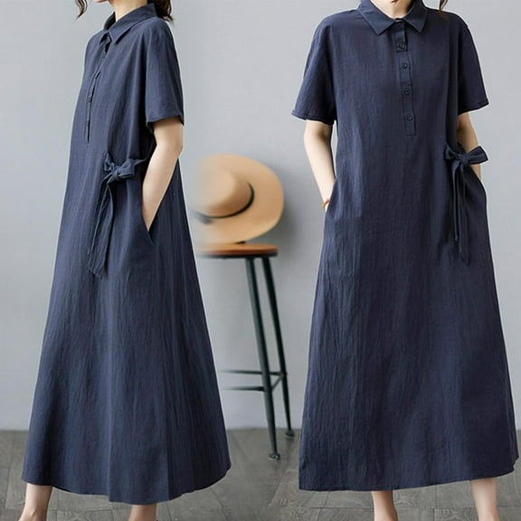 Aimik Women's Short Sleeve Turndown Collar Solid Color Cotton-Linen Long Dress with Buttons Summer Loose Casual Dress