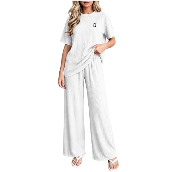 LEKWK Lounge Sets for Women Cozy Textured 2 Piece Outfit Short Sleeve Crewneck Top and Wide Leg Pants Matching Sets for Beach Vacation Travel