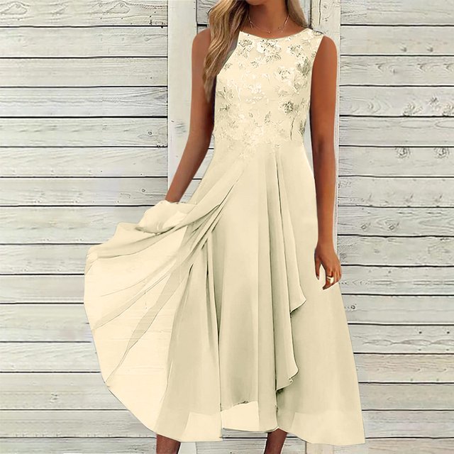 Lenago Robes d'Été Grande Taille pour Femmes Robes d'Été Aguichant Sans Manches Col Rond Dentelle Chiffon Taille en Maille Robes de Soirée Plage en Liquidation