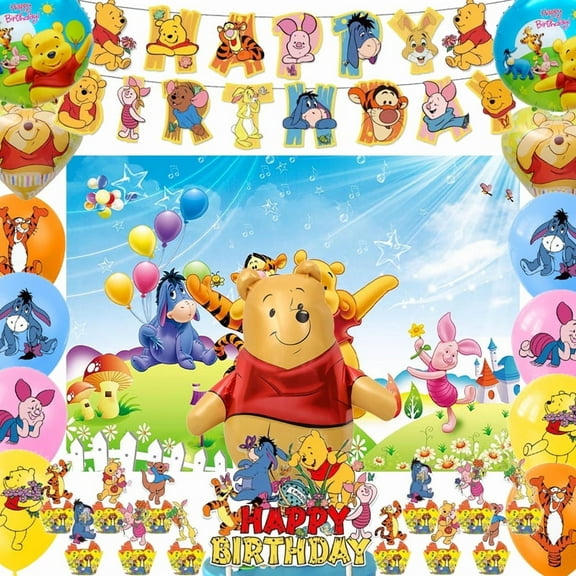 Winnie the Pooh Party Supplies, Birthday Decorations Set Include Banner, Balloons, Hanging Swirls, Cake Cupcake Toppers for Boys Girls Pooh Theme Party