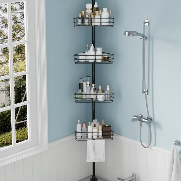 Shower Caddy Tension Pole Corner 4 Tier Adjustable Rust Resistant Bathroom Organizer with Towel Bars Space Saving Storage for Shower Bath Black