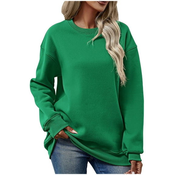Jewelreauty Women Solid Color Long Sleeve Sweatshirts Crewneck Comfort Pullover Tops Casual Loose Hoodless Blouses (S, Green)