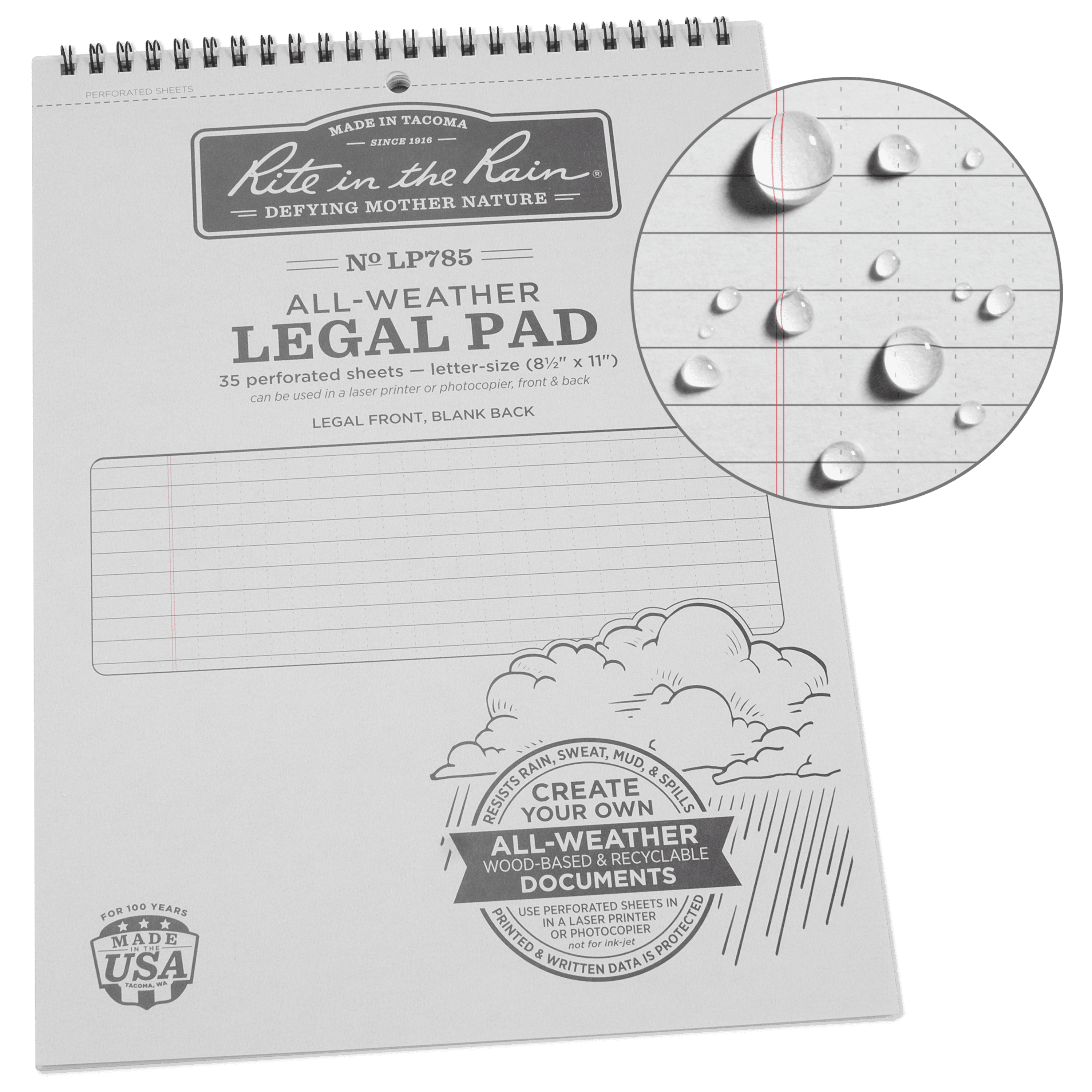 Rite in the Rain Weatherproof Legal Pad, 8.5" x 11", Gray Cover, Legal