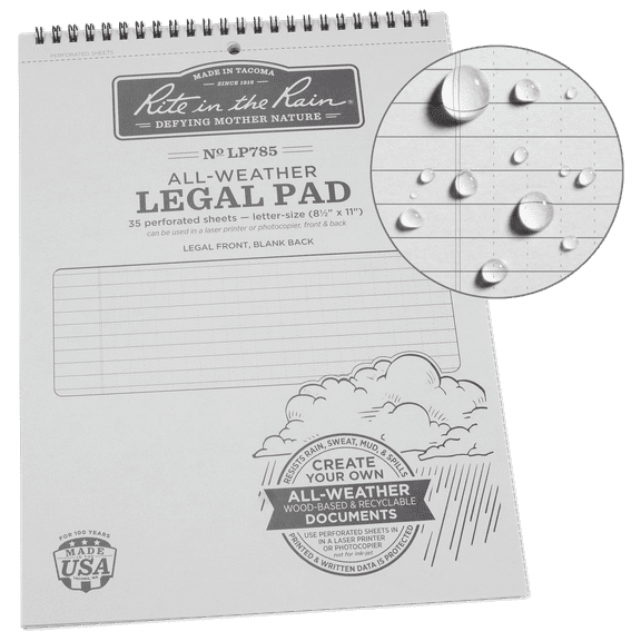 Rite in the Rain Weatherproof Legal Pad, 8.5" x 11", Gray Cover, Legal Pattern (No. LP785)