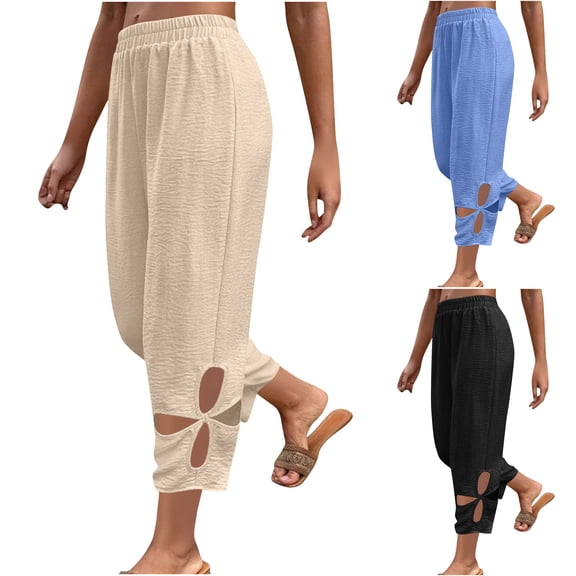 Women's Soft Nylon Spandex Straight Leg Casual Pants, Mid Waist with Tummy Control, Side Pockets, Hollow Out Detail, Daily Wear, Work, Travel, Walking, Joggers, Full | TruBelle,Black L
